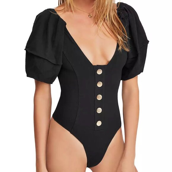 Intimately Free People "Not So Basic" Black Bodysuit w/ Puff Sleeves - M - Picture 3 of 7